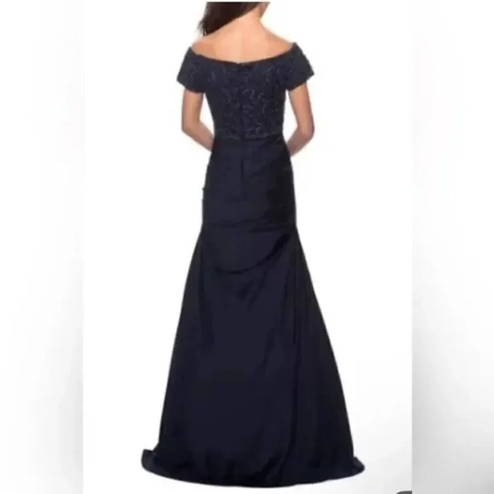 NWT La Femme Off the Shoulder Beaded Satin Trumpet Gown In Navy Size  Women's Si